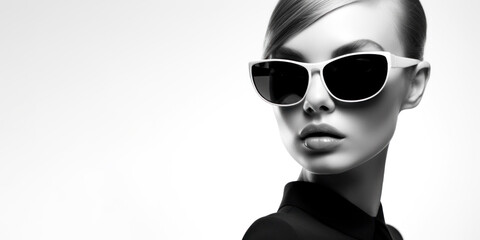 Black and white close-up beauty portrait of a young woman wearing sunglasses on a white background