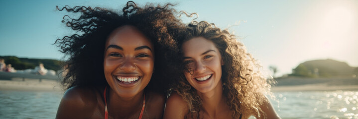 Two young women having fun at the beach - 635911913