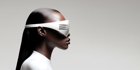 Close-up beauty portrait of a young African American woman wearing futuristic sunglasses on a white background - 635911941