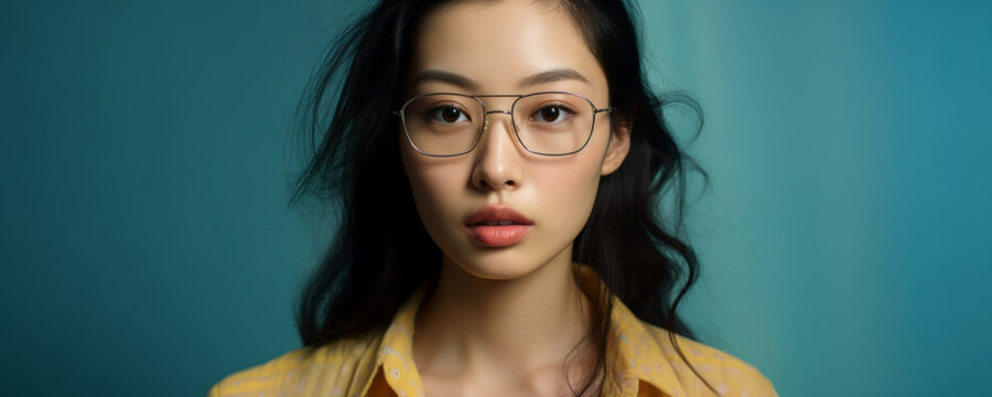 Close-up Beauty Portrait Of A Young Asian Woman Wearing Glasses On A Blue Background