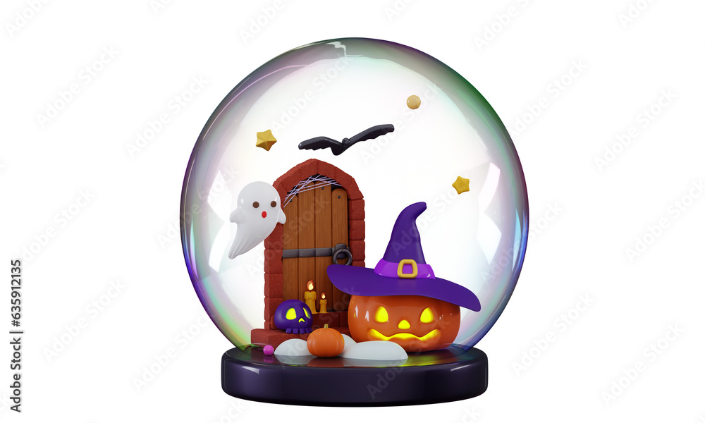 Wall mural 3d Halloween porch in bauble glass  Smiling pumpkin character Design template for cards, posters, flyers Happy Helloween decoration background Minimal three-dimensional 3D render illustration