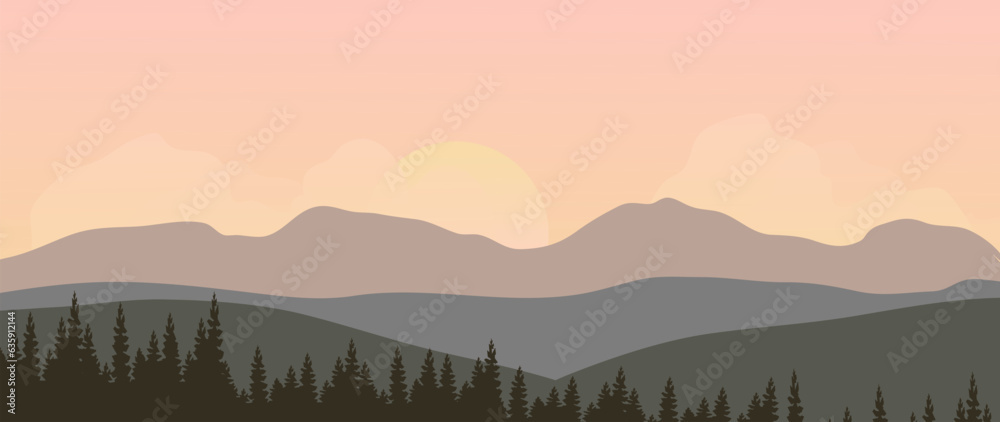 Wall mural minimal vector abstract landscape with clouds and sun. mountain background with earthy tones. vector