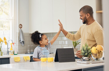 Dad, girl and high five for learning on tablet in home, kitchen and online, app or education games on tech in living room. Happy, black family or father with support in success, achievement or growth
