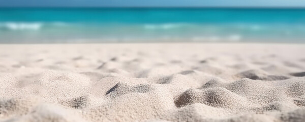 Fototapeta na wymiar White sandy beach on background of turquoise ocean and blue sky