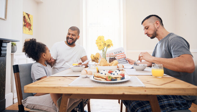 Gay couple, morning breakfast and happy family child bonding with queer dad, bisexual papa or non binary parents. LGBTQ, adoption or homosexual father smile for hungry child, girl or daughter at home
