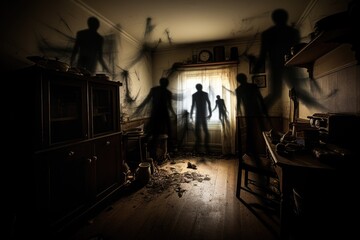 Obraz na płótnie Canvas Nightmarish swarm of shadowy figures lurking in the room, Shadow of a ghost in halloween. Generative AI