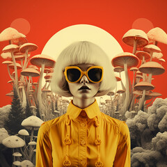 Fashion illustration - a girl wearing yellow sunglasses against a red sunset. blonde model next to giant mushrooms and moss. Surreal landscape of bright warm colours. Symmetrical  square composition