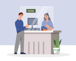Bank teller concept. Man and woman near plastic partition in bank building. Banking and financial occupation, accountant. Cashier at window counter. Cartoon flat vector illustration - obrazy, fototapety, plakaty