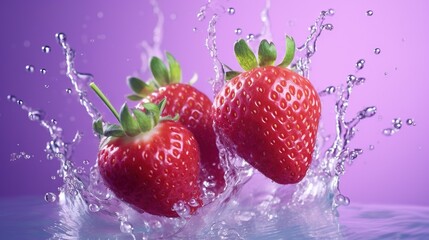  two strawberries splashing into the water on a purple background.  generative ai