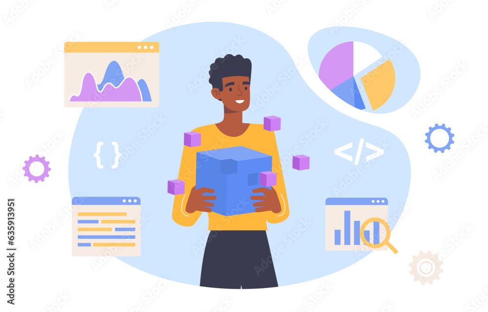 Poster man with big data analytics concept. young guy works with statistics. worker with graphs, charts and