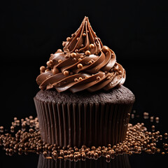 Chocolate cupcake isolated on black background (Generative AI)