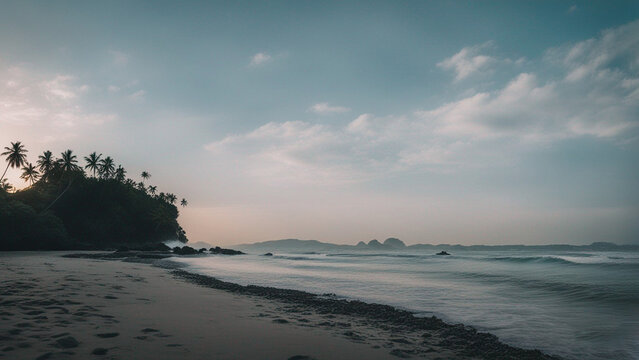 white sandy beach, rocks and blue sky