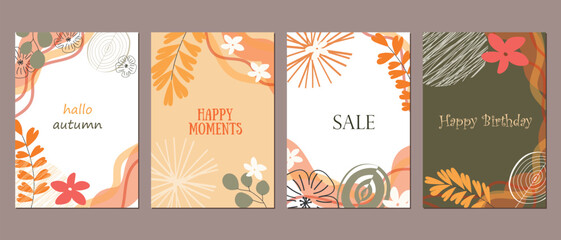 Fototapeta na wymiar A set of postcards. Birthday card. Discount, sale. Hello autumn. Save the date. Invitation. Flowers and leaves are hand drawn