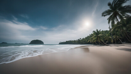 white sandy beach, rocks and blue sky