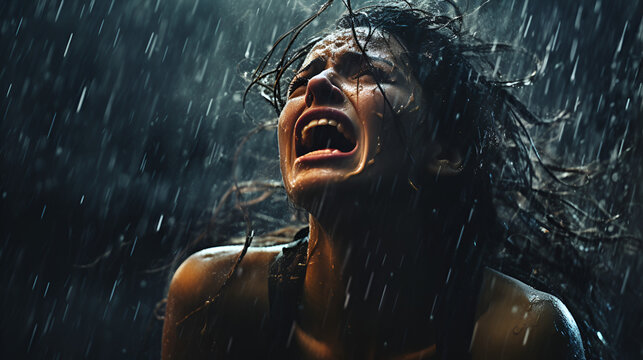 A woman having emotional discharge moment in heavy rain. Filled with Anguish, agony, pain, hopelessness, mental breakdown