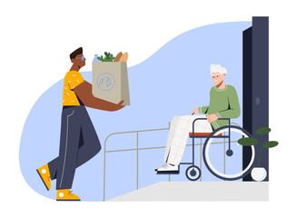 Care for pensioners concept. Man with bags with groceries near grandmother with disabilities. Fast home delivery and online shopping. Helper and assistant, courier. Cartoon flat vector illustration