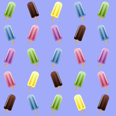 Pattern of sweet popsicles on a wooden stick, ice cream. Vector illustration EPS10.
