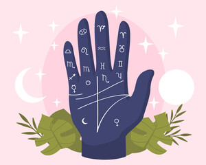 Fototapeta premium Chiromancy hand concept. Mysticism and esotericism, astrology. Zodiac signs in palm of hand. Minimalistic crystal silhouettes in variety of shapes. Cartoon flat vector illustration