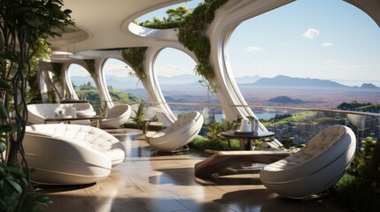 The upper and lower balconies are curved. There are plants on the balcony, and the balcony adopts vertical and straight panoramic glass. The style rendered by Unreal Engine is equipped with white furn - obrazy, fototapety, plakaty