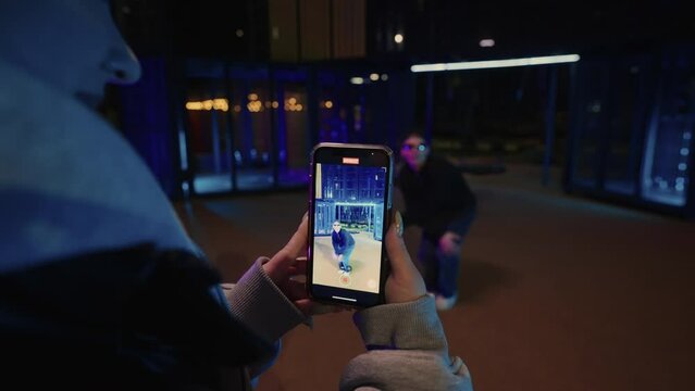 Break-Dancer Dancing For Smartphone Camera For Social Media, Girlfriend Recording Video Of Dance