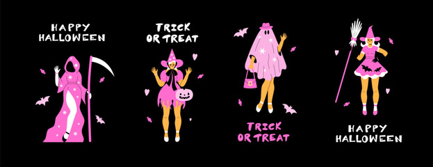 A set of Halloween postcards in pink costumes. Pink girl party. Barbicore, layout, template, banner