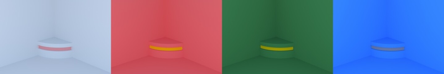 Set of whiite, dark blue, red  and green realistic 3d floating cylinder podium in corner rooms. Stage showcase, Product display. 