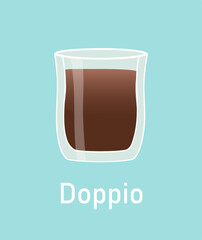 Doppio sticker concept. Tea or coffee. Cafe, restaurant menu. Aroma and beverage. Sticker for social networks and messengers. Cartoon flat vector illustration isolated on blue background
