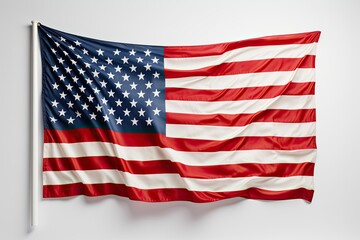  Isolated USA Flag with stars and stripes waving in wind on flag pole against white background