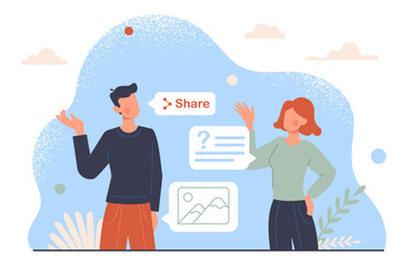 Conclusion with question concept. Young man and woman with dialogue. Online chatting in messengers and social messengers. Communication and interaction. Cartoon flat vector illustration