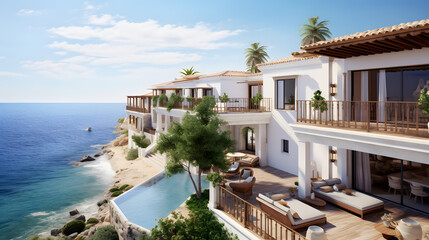 Fototapeta na wymiar Dive into the Mediterranean's coastal paradise with this awe-inspiring image of charming houses. Overlooking pristine beaches, these homes feature stone facades and wooden pergolas that offer shade an