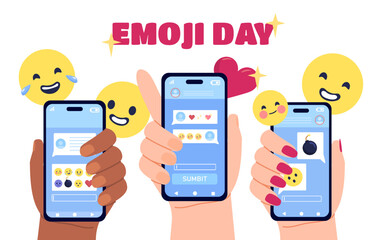 People with emoji day concept. Hands holds smartphones with chats and dialogues. Communication in social networks and instant messengers. Holiday and festival. Cartoon flat vector illustration