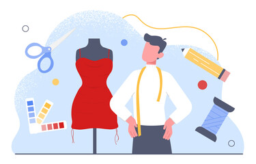 Fashion designer with red dress concept. Man near mannequin and scissors with threads. Fashion, trend and style. Atelier and seamstress with needlework. Cartoon flat vector illustration