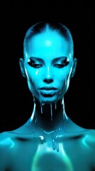 creative female portrait, bright blue painted face, artistic stylish makeup with cyan light, generative AI