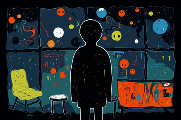 Kid scared of being home alone at night. Child mental health issues concept