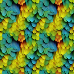 Obraz premium Colorful bird feather background. Photorealistic seamless pattern. Blue and yellow ruffled feathers of a parrot. AI-generated