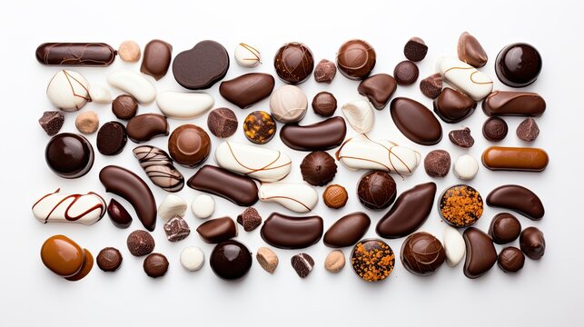 Image of various confectionery products in chocolate on a white background.