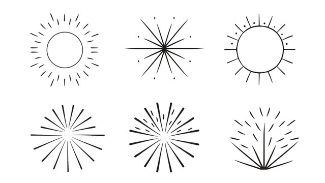 Star bust vector hand drawn, sunburst line drawn abstract, doodle radial line rays, frame set, badge or label decor, circle abstract outline, explosion or firework 