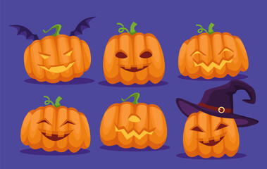 Set of various pumpkins concept. Happy Halloween. Holiday of fear and horror. Jack o latern in hats. Fantasy and dream, imagination. Cartoon flat vector collection isolated on blue background