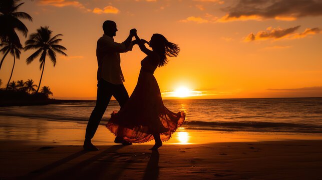 Couple dancing salsa bachata kizomba on the beach at sunset  AI image