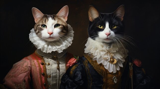 3d Portrait, Cats couple, Felines, Reinassance, Medieval, Pets, Aristocratic, Noble. ARISTOCRATIC LORD CATS. A high class couple of kitten Counts with white ruffled collars in a noble pose.