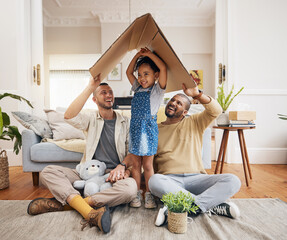 Happy, gay family and a child with cardboard roof or home with love, care and safety in a lounge. Lgbtq men, adoption and parents with a foster girl kid together for new house, mortgage and insurance