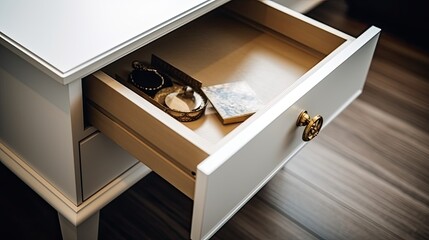 A white, empty, open drawer of a nightstand or cabinet seen from above. Formal furniture mock up. whatever is found in a living room or workplace