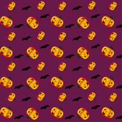 Seamless pattern with angry pumpkins and bats on a dark purple background. For the Halloween holiday
