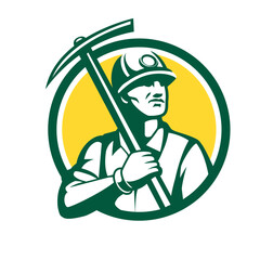 miner mascot logo hold the pick axe