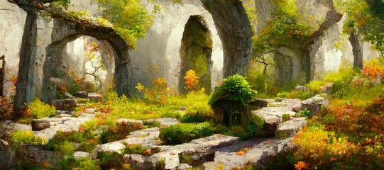 Mystical woodland forest in Autumn with remnants of old druid buildings in ruin. Enchanted magic forest, ancient trees, colorful flowers, peaceful dreamy fairytale fantasy wonderland, generative ai