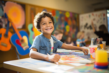Happy school little boy multicolor painting a white paper. A paintbrush creative art and craft class at school. - Powered by Adobe