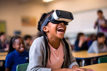 Happy school little girl exploring virtual reality in class room.