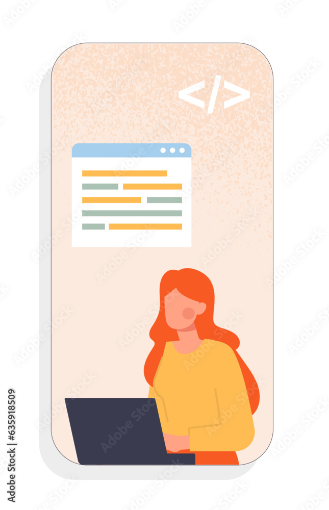 Poster mobile app development concept. woman with laptop write code. it specialist and programmer. interfac