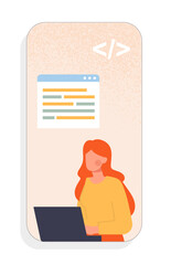 Mobile app development concept. Woman with laptop write code. IT specialist and programmer. Interface for application and program. Cartoon flat vector illustration isolated on white background