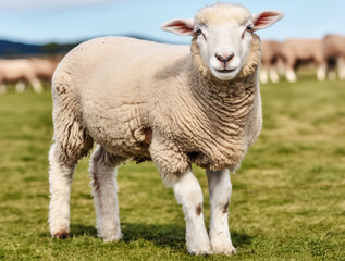 Naklejka na ściany i meble Cute sheep in the field created with Generative AI technology